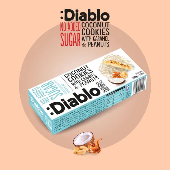 Diablo zuckerfreie Kokoskekse mit Karamell und Erdnüssen (100g) nur 3,3 g anrechenb. KH/pro Cookie - von Zuckerschmuck
