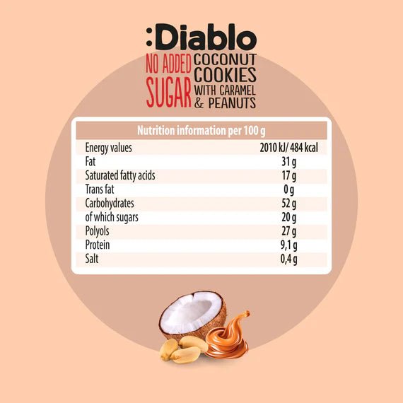 Diablo zuckerfreie Kokoskekse mit Karamell und Erdnüssen (100g) nur 3,3 g anrechenb. KH/pro Cookie - von Zuckerschmuck