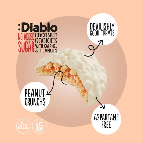 Diablo zuckerfreie Kokoskekse mit Karamell und Erdnüssen (100g) nur 3,3 g anrechenb. KH/pro Cookie - von Zuckerschmuck
