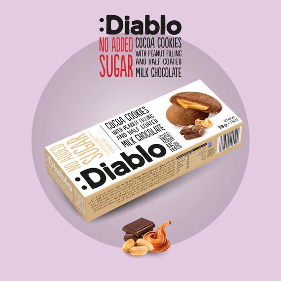 Diablo zuckerfreie Kakaokekse mit Erdnuss getaucht in Vollmilchschokolade (110g) nur 3,3 g anrechenb. KH/pro Cookie - von Zuckerschmuck