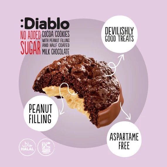 Diablo zuckerfreie Kakaokekse mit Erdnuss getaucht in Vollmilchschokolade (110g) nur 3,3 g anrechenb. KH/pro Cookie - von Zuckerschmuck