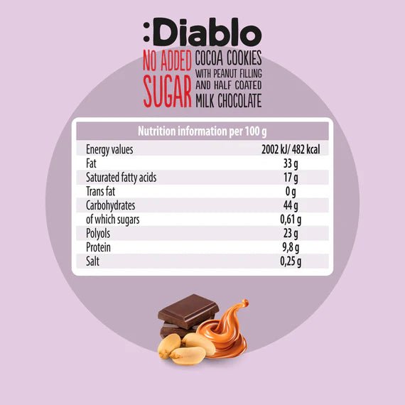 Diablo zuckerfreie Kakaokekse mit Erdnuss getaucht in Vollmilchschokolade (110g) nur 3,3 g anrechenb. KH/pro Cookie - von Zuckerschmuck