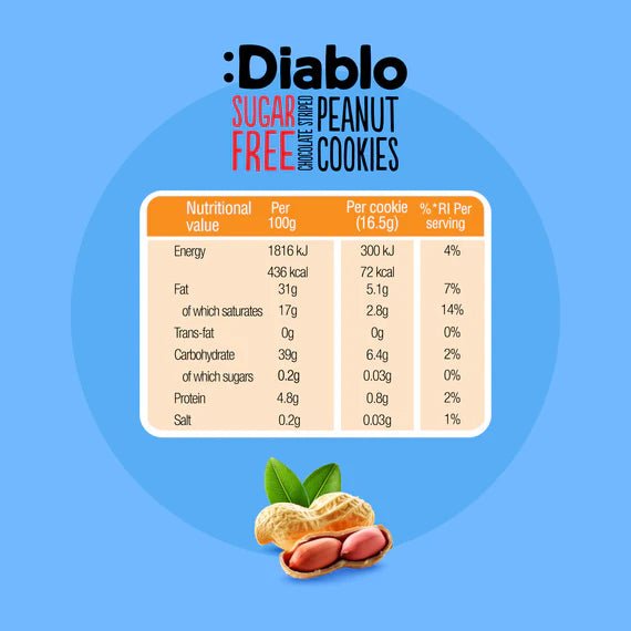 Diablo zuckerfreie Erdnusskekse mit Schokostreifen 150 g - 6,4 g anrechenb.KH/pro Cookie - von Zuckerschmuck