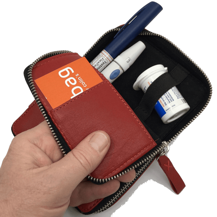 Diabetes Zubehörtasche diabag ''ONE plus'' Rindnappa Leder Rot Halboffen
