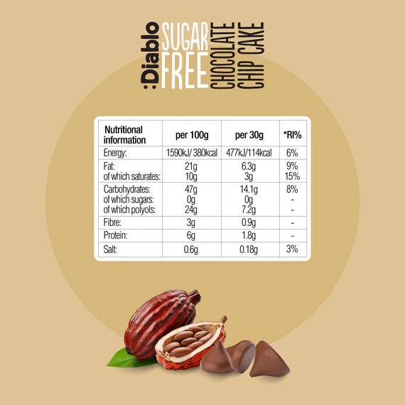 Diablo zuckerfreier Chocolate Chip Kuchen 200g - nur 23g anrechenbare KH/100g - von Zuckerschmuck