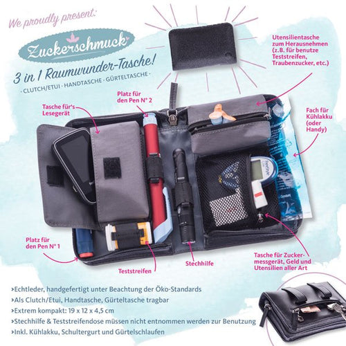 Zuckerschmuck® Sac 3 en 1 pour diabétiques, gain de place, cuir véritable