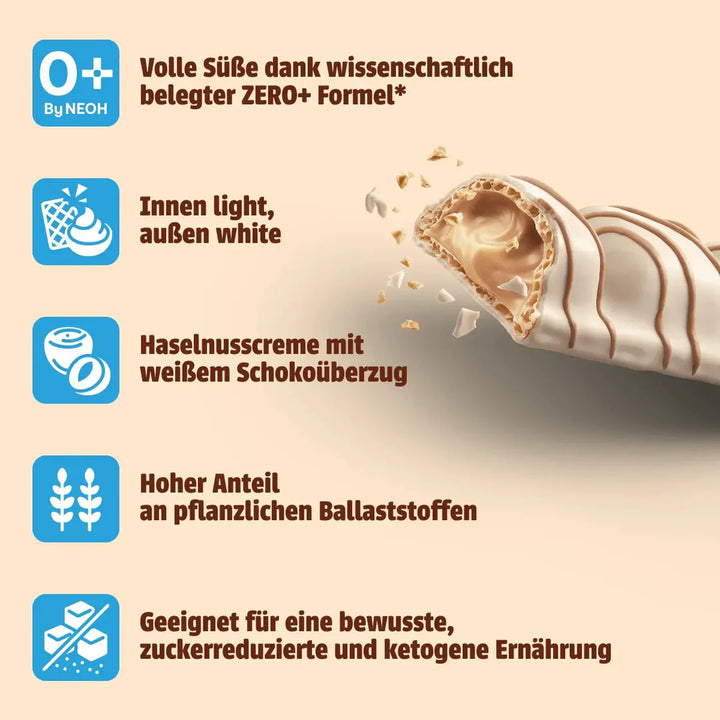 NEOH Crispy Cream WHITE 20x Waffel ohne Zucker mit Haselnusscremefüllung (3,4 g anrechenbare KH* je Riegel)