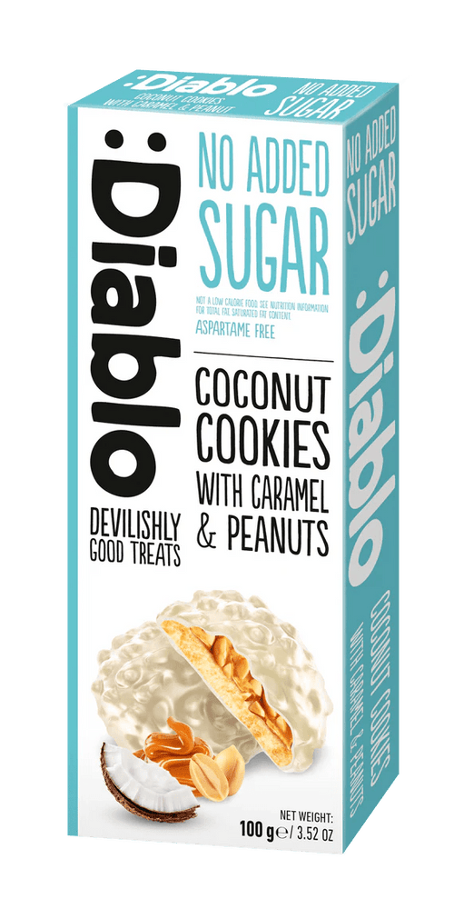 Diablo zuckerfreie Kokoskekse mit Karamell und Erdnüssen (100g) nur 3,3 g anrechenb. KH/pro Cookie