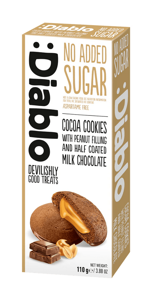 Diablo zuckerfreie Kakaokekse mit Erdnuss getaucht in Vollmilchschokolade (110g) nur 3,3 g anrechenb. KH/pro Cookie