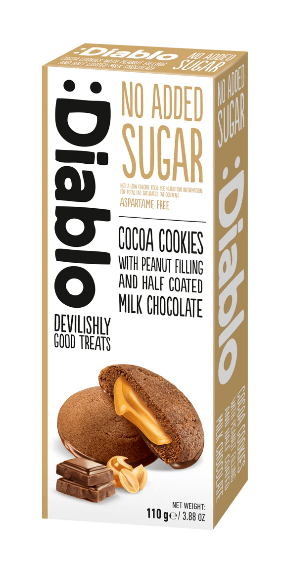 Diablo zuckerfreie Kakaokekse mit Erdnuss getaucht in Vollmilchschokolade (110g) nur 3,3 g anrechenb. KH/pro Cookie - von Zuckerschmuck