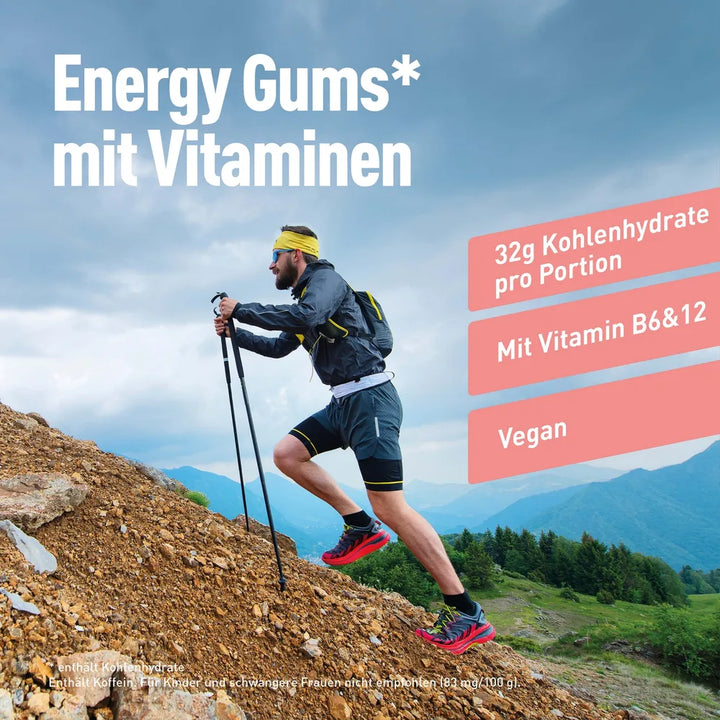 Dextro Energy Gums de fresa y ruibarbo y vitaminas (6 unidades de 5 g de hidratos de carbono cada una)