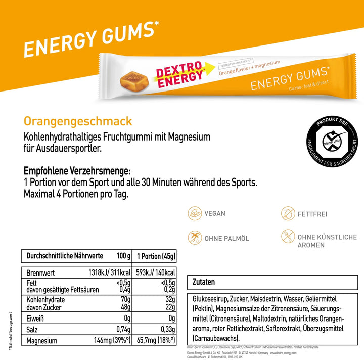 Dextro Energy Gums naranja + magnesio (6 unidades de 5 g de hidratos de carbono)