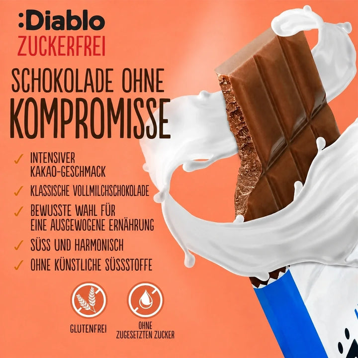 Diablo sin azúcar: chocolate con leche (85 g, solo 7 g de HC computables* por tableta)