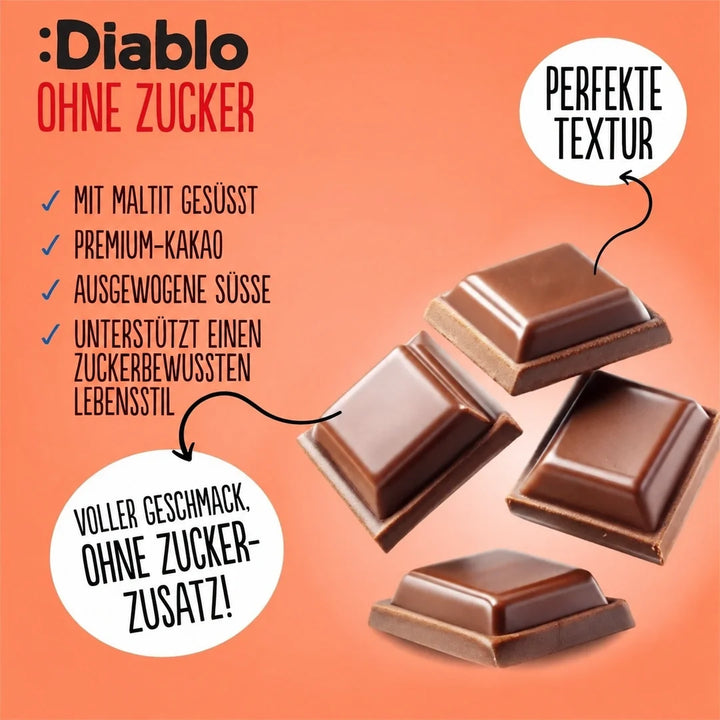 Diablo sin azúcar: chocolate con leche (85 g, solo 7 g de HC computables* por tableta)