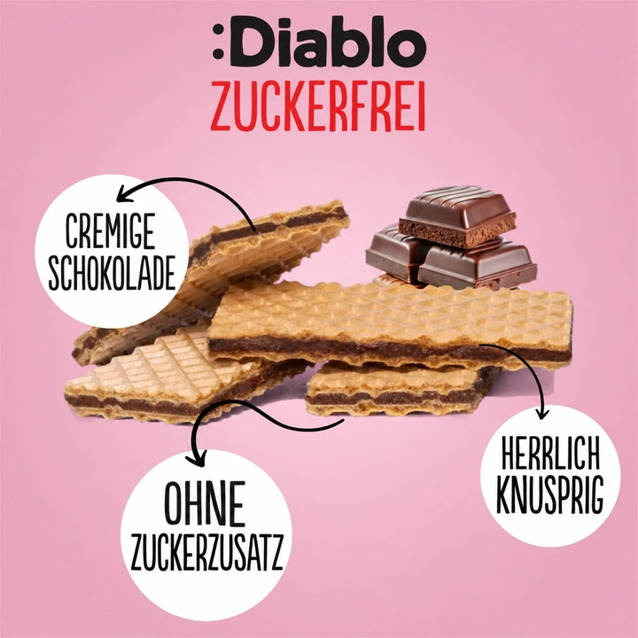 Diablo sin azúcar: gofres con crema de chocolate (150 g, 7,0 g de hidratos de carbono* computables por porción de 25 g)