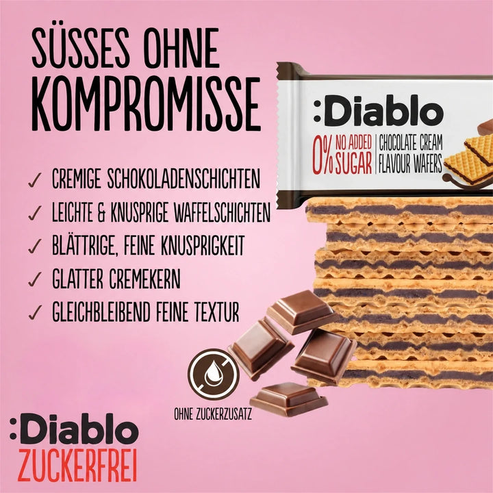 Diablo sin azúcar: gofres con crema de chocolate (150 g, 7,0 g de hidratos de carbono* computables por porción de 25 g)