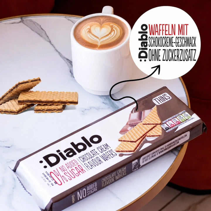 Diablo sin azúcar: gofres con crema de chocolate (150 g, 7,0 g de hidratos de carbono* computables por porción de 25 g)