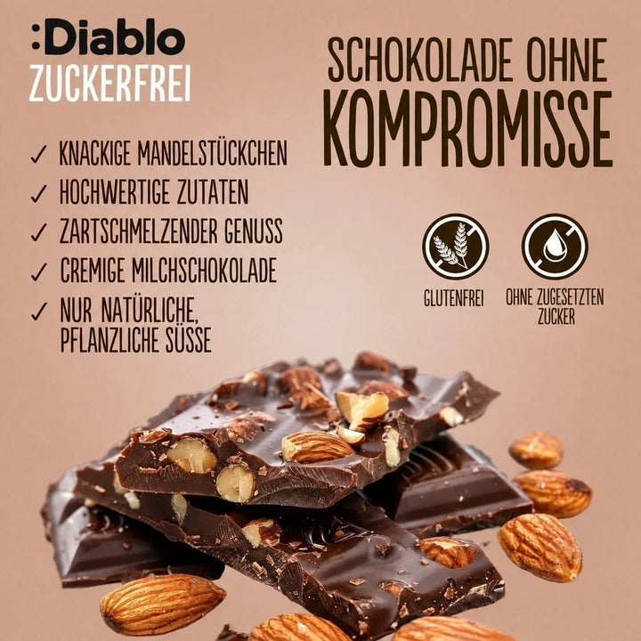 Diablo sin azúcar: chocolate con leche y almendras (75 g, solo 6 g de hidratos de carbono* computables por tableta)