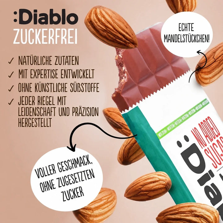 Diablo sin azúcar: chocolate con leche y almendras (75 g, solo 6 g de hidratos de carbono* computables por tableta)