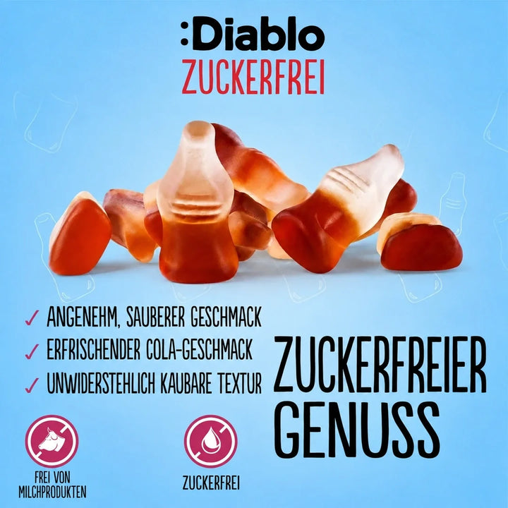 Bouteilles Cola Diablo, sans sucre (75 g, seulement 1,8 g de glucides comptabilisables* par sachet)