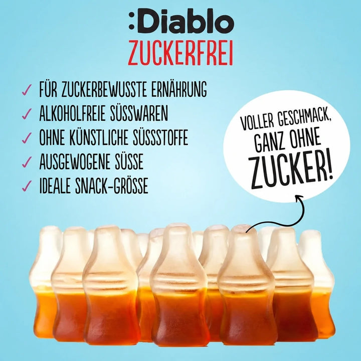 Bouteilles Cola Diablo, sans sucre (75 g, seulement 1,8 g de glucides comptabilisables* par sachet)