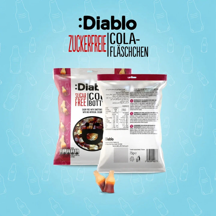Bouteilles Cola Diablo, sans sucre (75 g, seulement 1,8 g de glucides comptabilisables* par sachet)