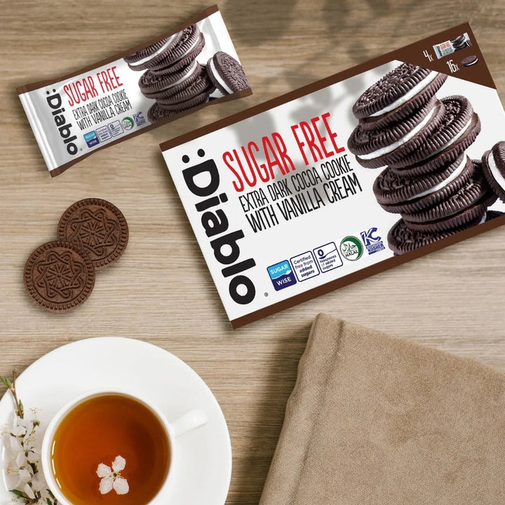 Biscuits Diablo : biscuits sandwich noirs sans sucre à la crème vanille (176 g, emballés individuellement, seulement 4,5 g de glucides par biscuit)