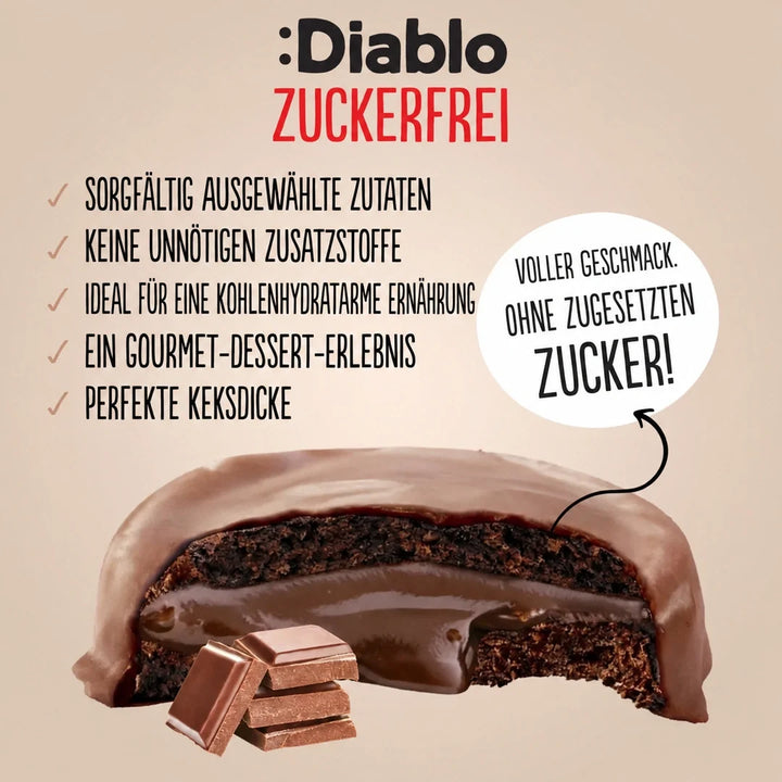 Diablo sin azúcar: galletas de chocolate negro con relleno de crema de chocolate (128 g, solo 2,7 g de hidratos de carbono* computables por galleta)