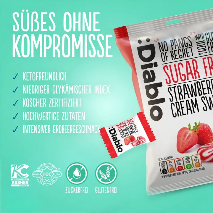 Diablo zuckerfreie Erdbeer-Sahne-Bonbons, Bonbons ohne Zucker (75 g, 0,6 g anrechenbare KH* je 100 g)