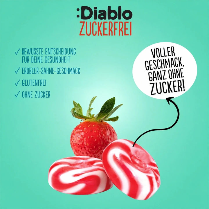 Diablo zuckerfreie Erdbeer-Sahne-Bonbons, Bonbons ohne Zucker (75 g, 0,6 g anrechenbare KH* je 100 g)