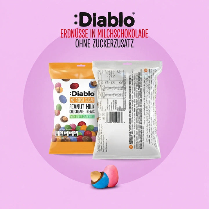 Diablo sin azúcar: cacahuetes de colores recubiertos de chocolate con leche (40 g, 5,6 g de hidratos de carbono* computables)