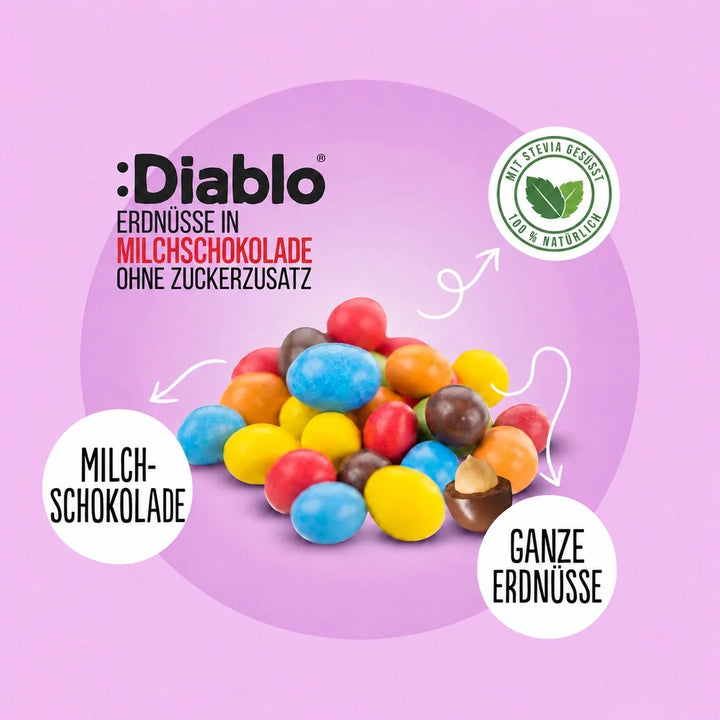 Diablo sin azúcar: cacahuetes de colores recubiertos de chocolate con leche (40 g, 5,6 g de hidratos de carbono* computables)