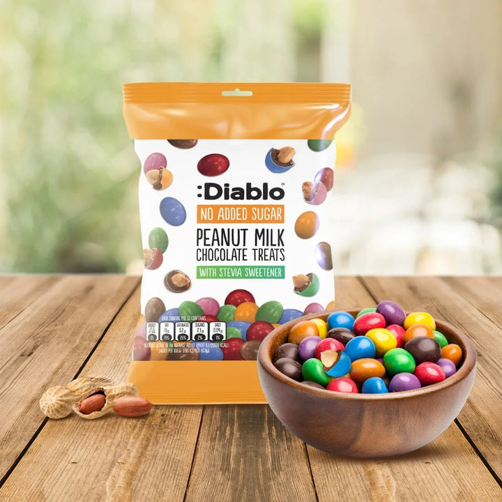 Diablo sin azúcar: cacahuetes de colores recubiertos de chocolate con leche (40 g, 5,6 g de hidratos de carbono* computables)