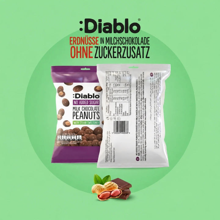 Diablo sin azúcar: cacahuetes recubiertos de suave chocolate con leche (40 g, 2,4 g de hidratos de carbono* computables)