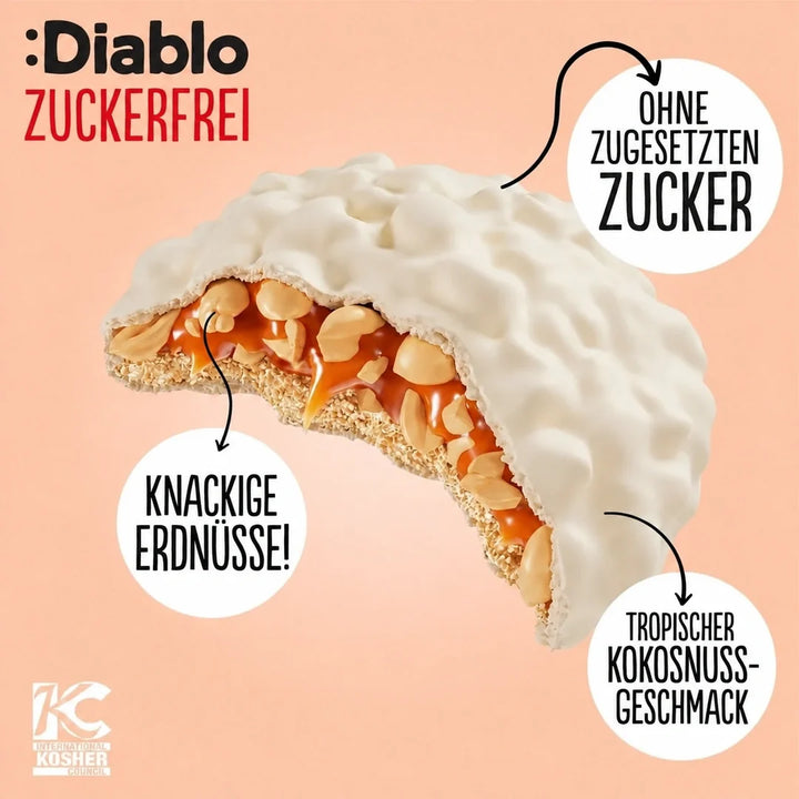 Diablo sin azúcar: Coconut Cookies, galletas de coco con caramelo y cacahuetes (100 g, 5 g de hidratos de carbono* computables por porción)