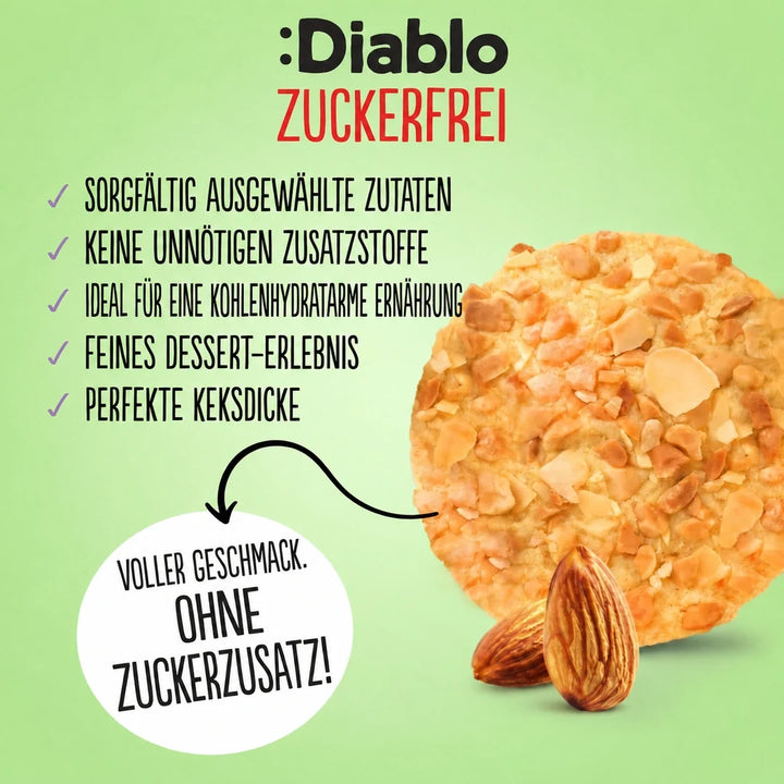 Diablo Cookies: galletas de almendra sin azúcar (145 g, 5 g de HC* contabilizables por galleta)