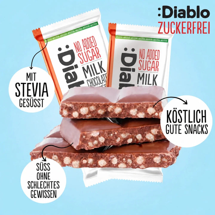 Diablo sans sucre : chocolat au lait Crispy Rice (75 g, 9,8 g de glucides comptabilisables* par tablette)