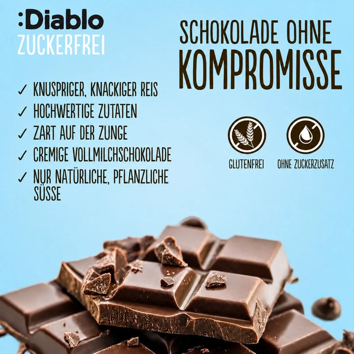 Diablo sans sucre : chocolat au lait Crispy Rice (75 g, 9,8 g de glucides comptabilisables* par tablette)