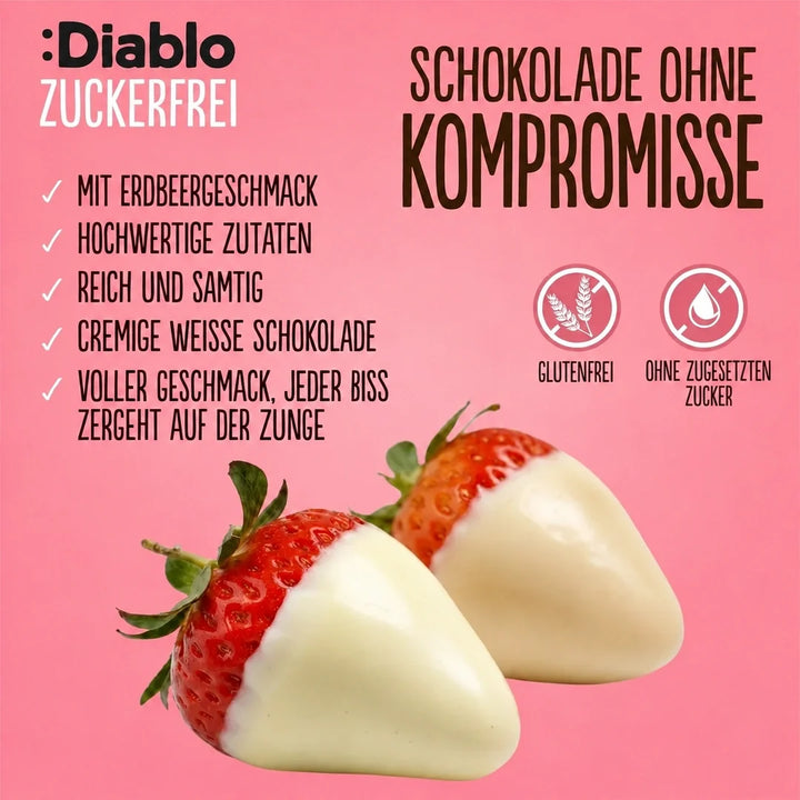 Diablo sans sucre : chocolat blanc aux fraises (75 g, 6,8 g de glucides comptabilisables* par tablette)
