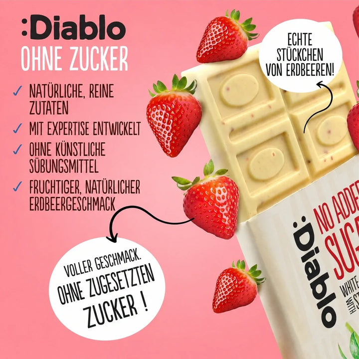 Diablo sans sucre : chocolat blanc aux fraises (75 g, 6,8 g de glucides comptabilisables* par tablette)