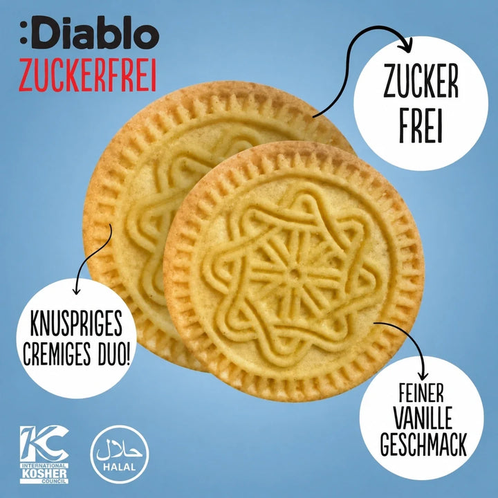 Biscuits Diablo : biscuits sandwich à la vanille sans sucre avec crème au cacao, emballés individuellement (176 g, 3 g de glucides comptabilisables* par biscuit)