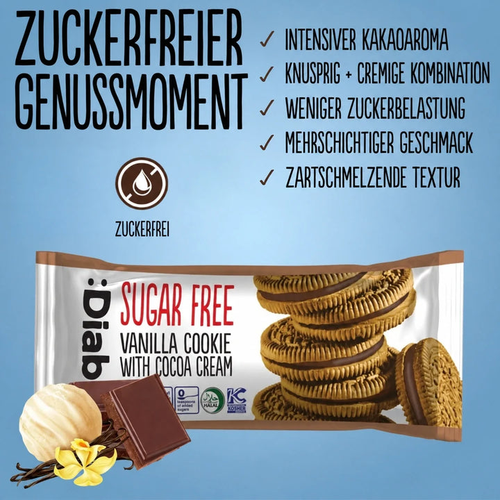 Biscuits Diablo : biscuits sandwich à la vanille sans sucre avec crème au cacao, emballés individuellement (176 g, 3 g de glucides comptabilisables* par biscuit)