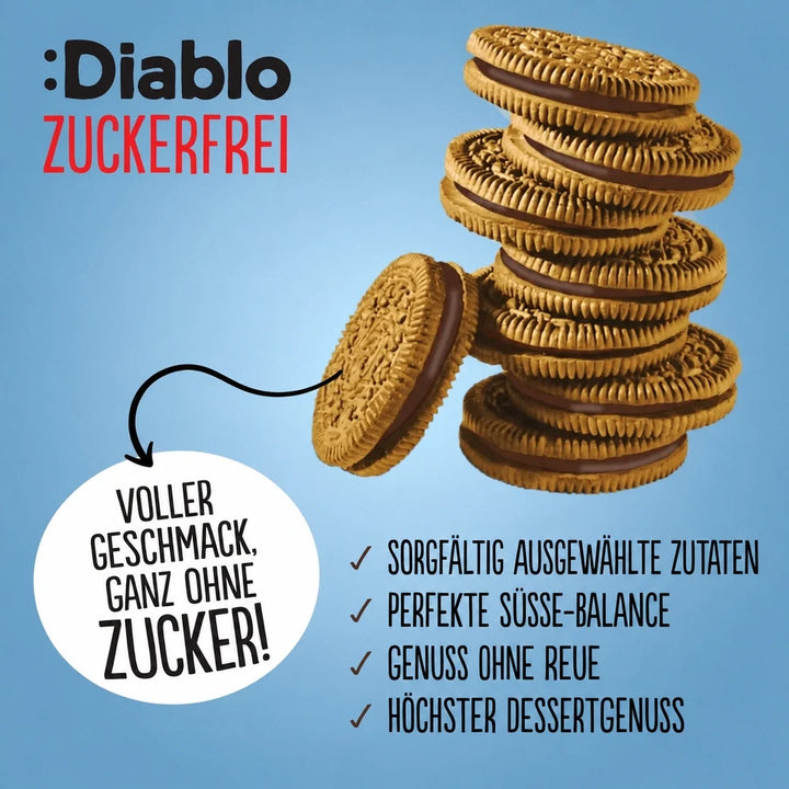 Biscuits Diablo : biscuits sandwich à la vanille sans sucre avec crème au cacao, emballés individuellement (176 g, 3 g de glucides comptabilisables* par biscuit)