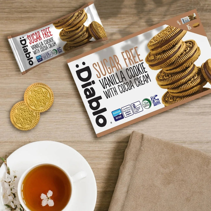 Biscuits Diablo : biscuits sandwich à la vanille sans sucre avec crème au cacao, emballés individuellement (176 g, 3 g de glucides comptabilisables* par biscuit)