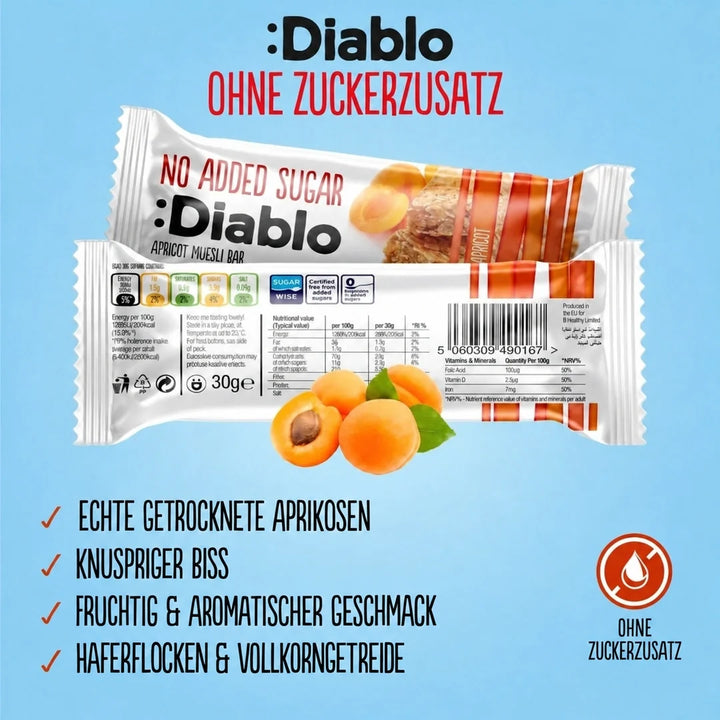 Diablo sans sucre : barre de muesli à l'abricot (30 g, seulement 14,7 g de glucides comptabilisables*)