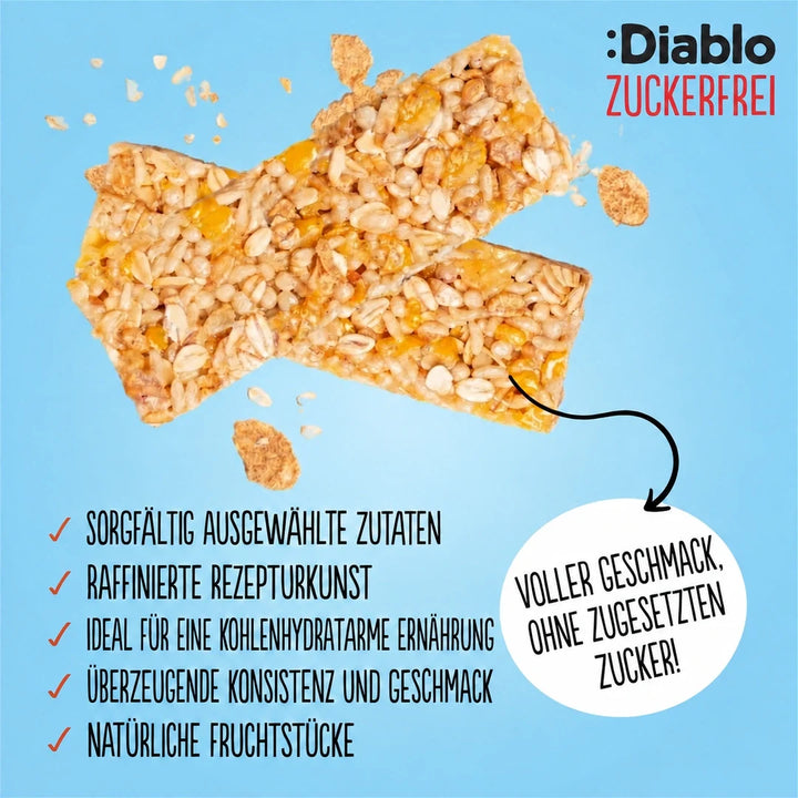Diablo sans sucre : barre de muesli à l'abricot (30 g, seulement 14,7 g de glucides comptabilisables*)