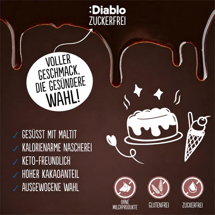 Salsa de chocolate sin azúcar Diablo, salsa de postre de chocolate (290 ml, 0,3 g de HC* computables por ración de 30 g)
