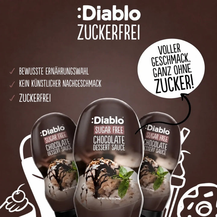 Salsa de chocolate sin azúcar Diablo, salsa de postre de chocolate (290 ml, 0,3 g de HC* computables por ración de 30 g)