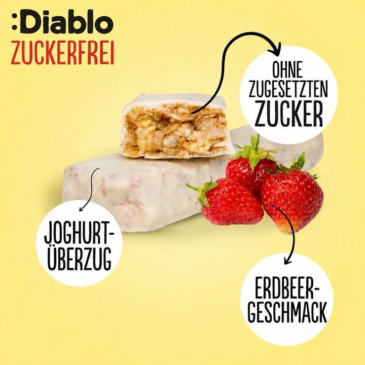 Diablo sans sucre : barre de muesli au yaourt et aux fraises (30 g, 11,4 g de glucides comptabilisables*)