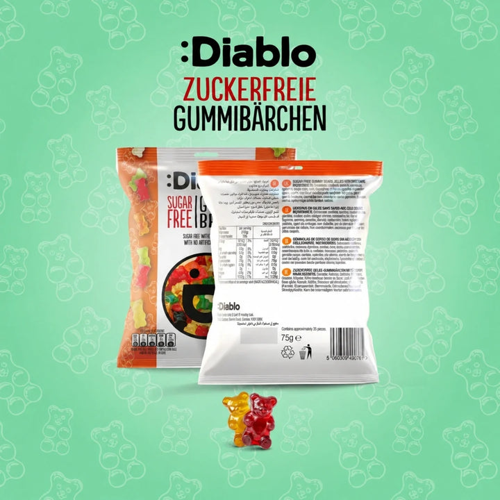 Diablo gominolas sin azúcar (75 g, 1,5 g de HC* contabilizables por bolsa), dulces Diablo